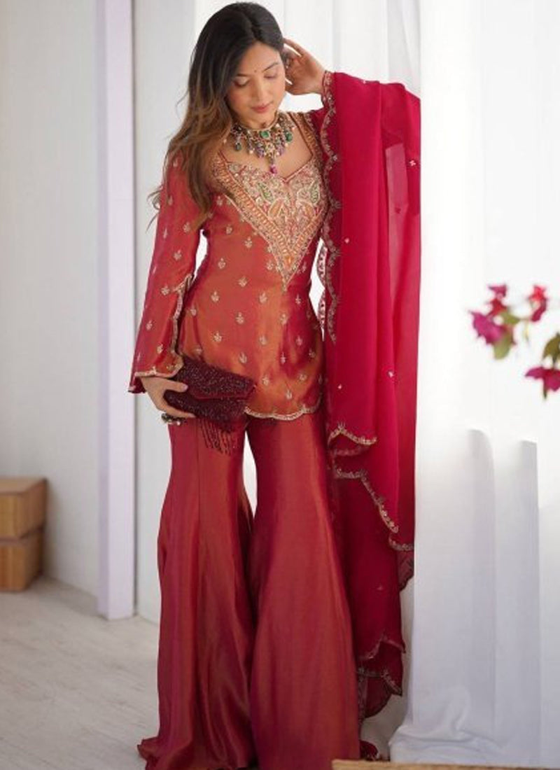 Vegaa Fashion Rani-Pink Embroidered Fendi Silk Salwar Suit | Grocsy