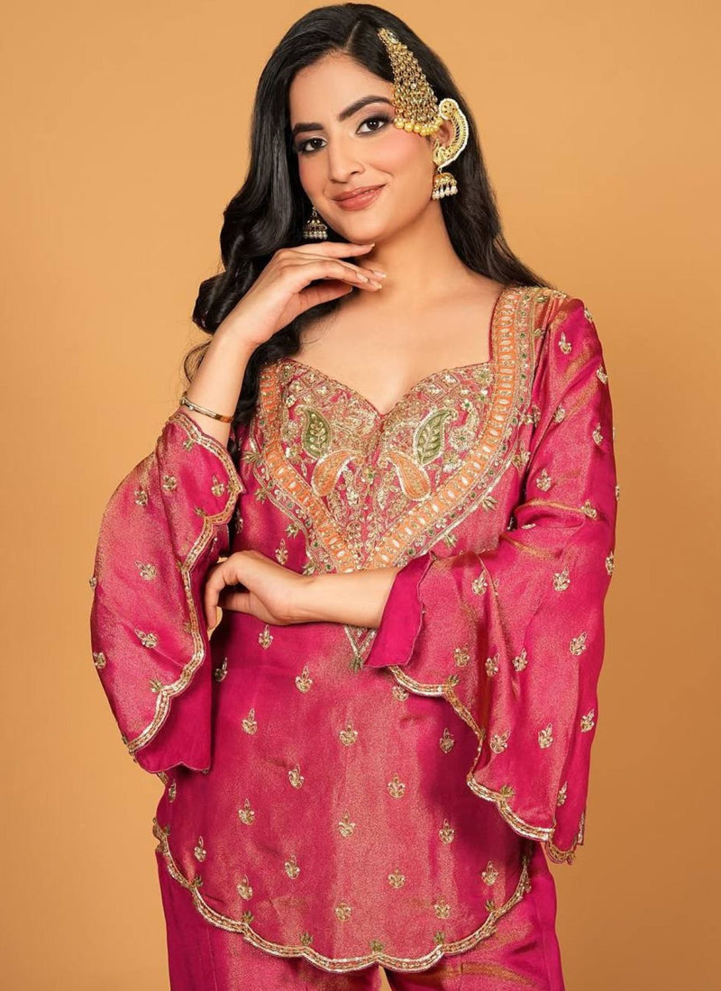 Vegaa Fashion Rani-Pink Embroidered Fendi Silk Salwar Suit | Grocsy