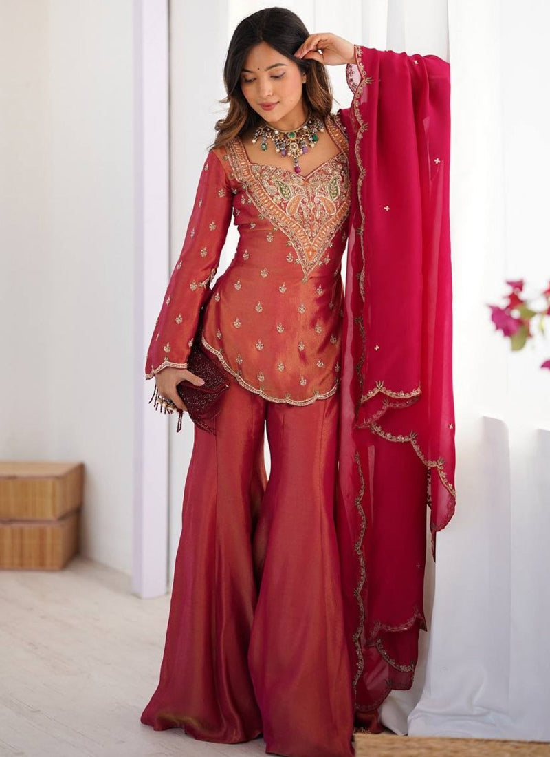 Vegaa Fashion Rani-Pink Embroidered Fendi Silk Salwar Suit | Grocsy