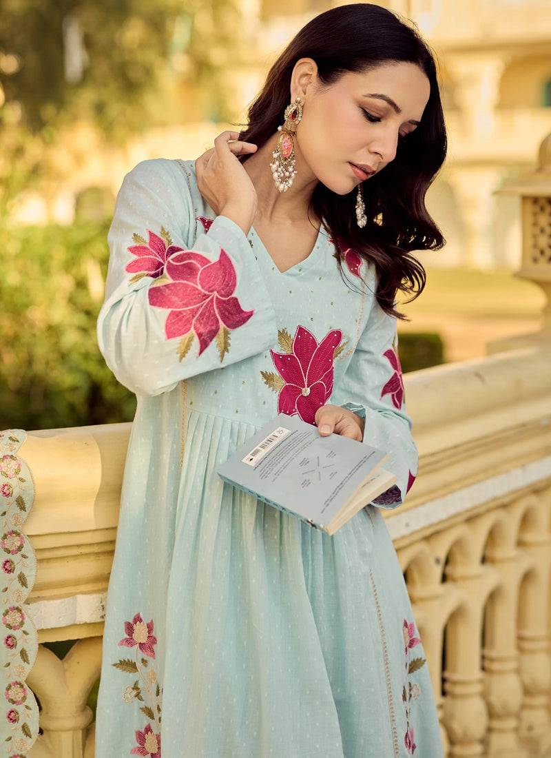 Vegaa Fashion Sea-Green Embroidered Chanderi Anarkali Suit | Grocsy