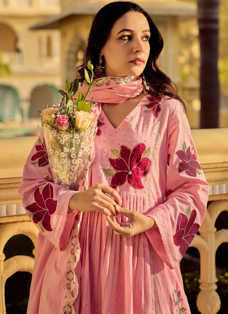 Vegaa Fashion Peach Embroidered Chanderi Anarkali Suit | Grocsy