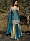 Vegaa Fashion Turquoise Embroidered Satin Palazzo Suit | Grocsy