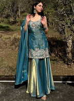 Vegaa Fashion Turquoise Embroidered Satin Palazzo Suit | Grocsy