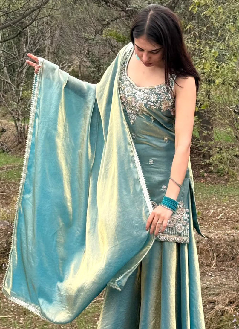 Vegaa Fashion Turquoise Embroidered Satin Palazzo Suit | Grocsy