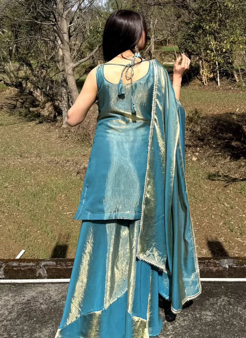 Vegaa Fashion Turquoise Embroidered Satin Palazzo Suit | Grocsy