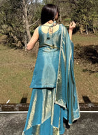Vegaa Fashion Turquoise Embroidered Satin Palazzo Suit | Grocsy