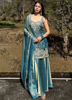 Vegaa Fashion Turquoise Embroidered Satin Palazzo Suit | Grocsy