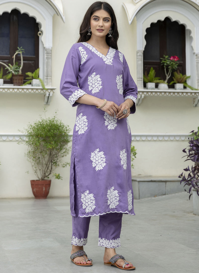 Vegaa Fashion Purple Embroidered Silk Blend Kurti Suit | Grocsy