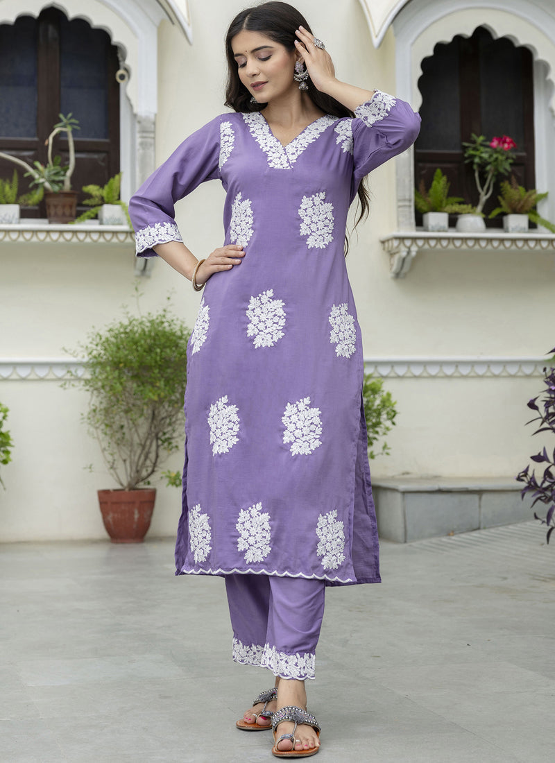 Vegaa Fashion Purple Embroidered Silk Blend Kurti Suit | Grocsy
