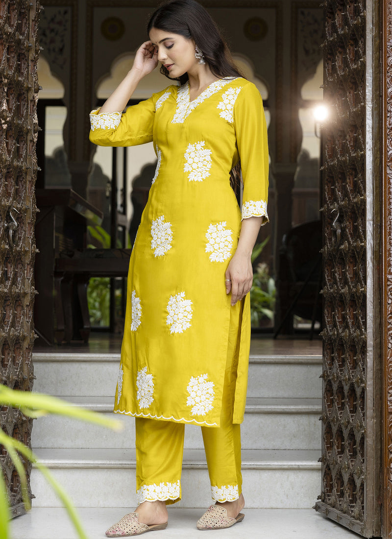 Vegaa Fashion Yellow Embroidered Silk Blend Kurti Suit | Grocsy