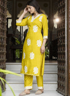 Vegaa Fashion Yellow Embroidered Silk Blend Kurti Suit | Grocsy