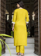 Vegaa Fashion Yellow Embroidered Silk Blend Kurti Suit | Grocsy