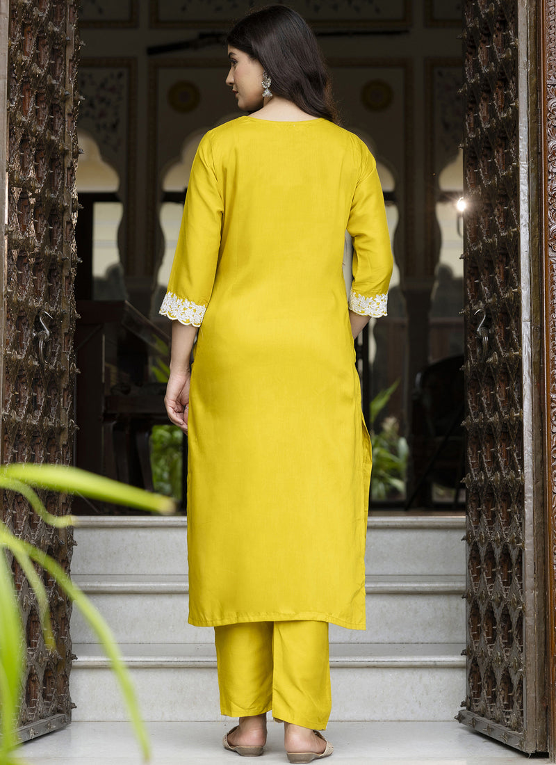 Vegaa Fashion Yellow Embroidered Silk Blend Kurti Suit | Grocsy