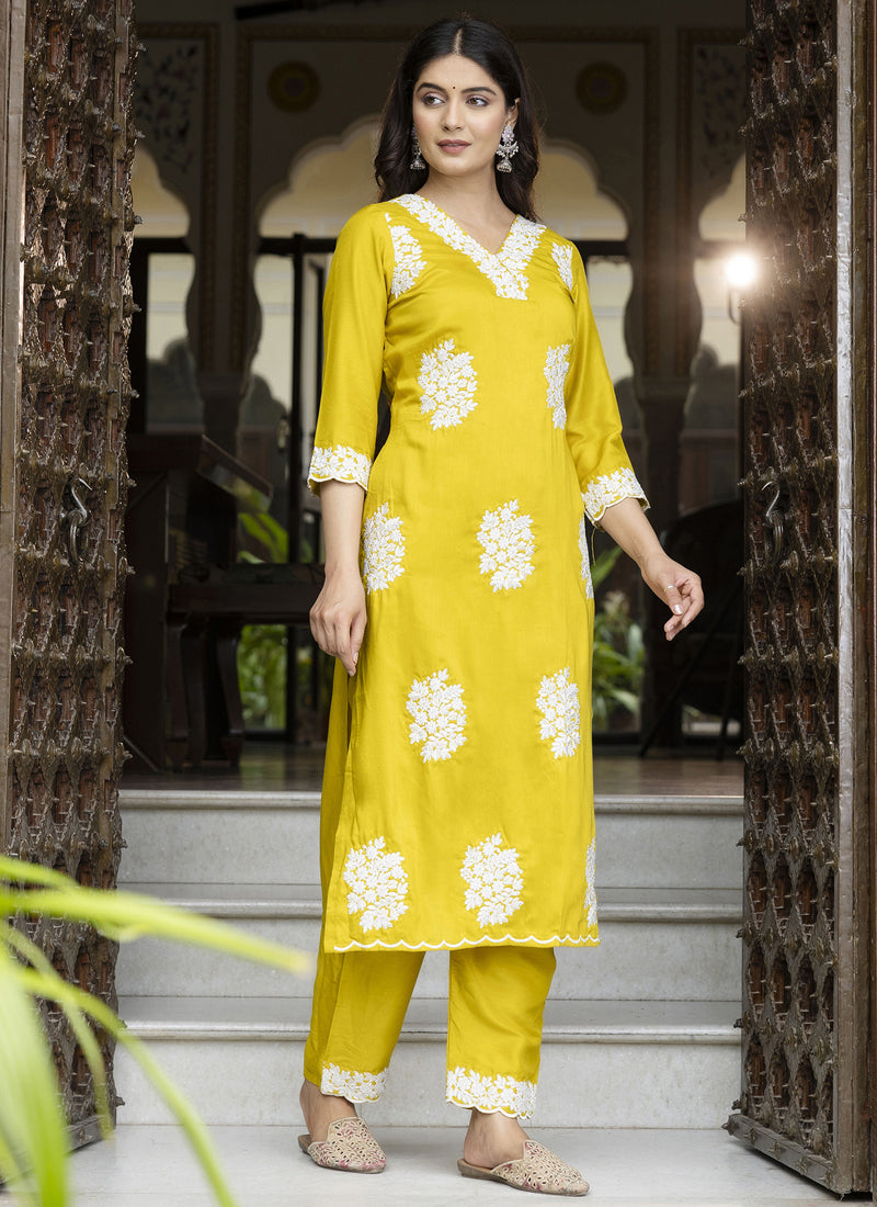 Vegaa Fashion Yellow Embroidered Silk Blend Kurti Suit | Grocsy