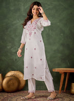 Vegaa Fashion Off-White Embroidered Roman Silk Kurti Suit | Grocsy