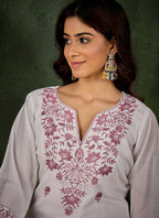Vegaa Fashion Off-White Embroidered Roman Silk Kurti Suit | Grocsy