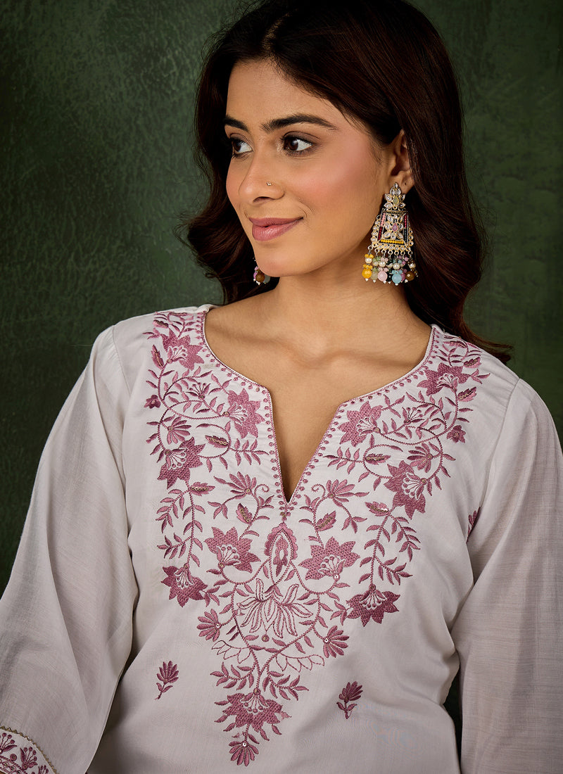 Vegaa Fashion Off-White Embroidered Roman Silk Kurti Suit | Grocsy
