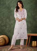 Vegaa Fashion Off-White Embroidered Roman Silk Kurti Suit | Grocsy