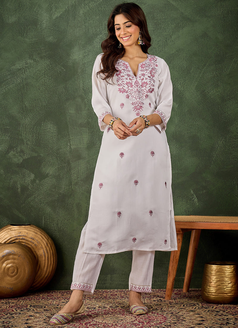 Vegaa Fashion Off-White Embroidered Roman Silk Kurti Suit | Grocsy