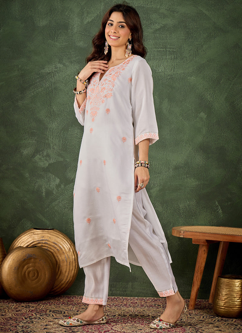Vegaa Fashion Off-White Embroidered Roman Silk Kurti Suit | Grocsy