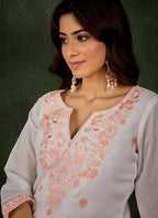 Vegaa Fashion Off-White Embroidered Roman Silk Kurti Suit | Grocsy