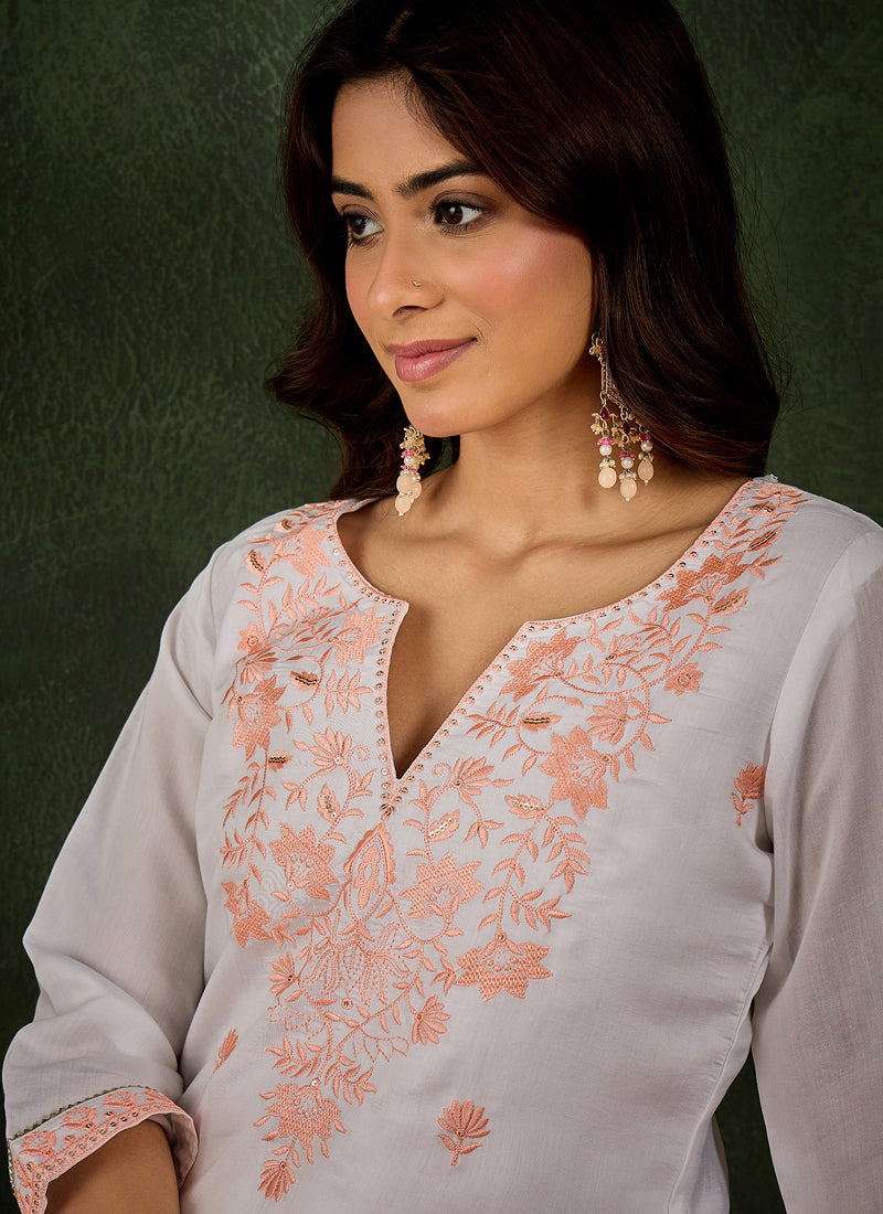 Vegaa Fashion Off-White Embroidered Roman Silk Kurti Suit | Grocsy