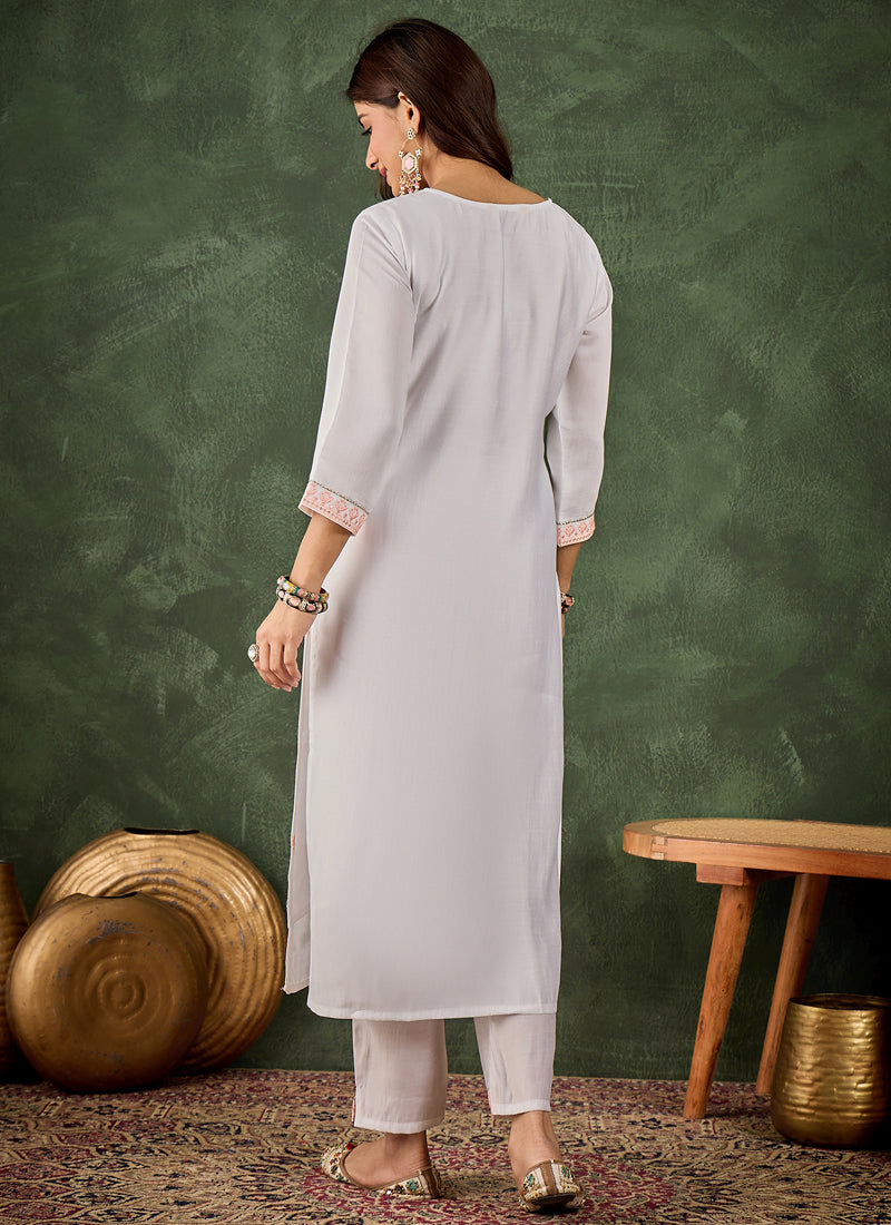 Vegaa Fashion Off-White Embroidered Roman Silk Kurti Suit | Grocsy
