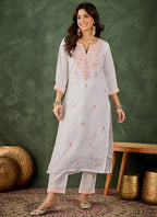 Vegaa Fashion Off-White Embroidered Roman Silk Kurti Suit | Grocsy