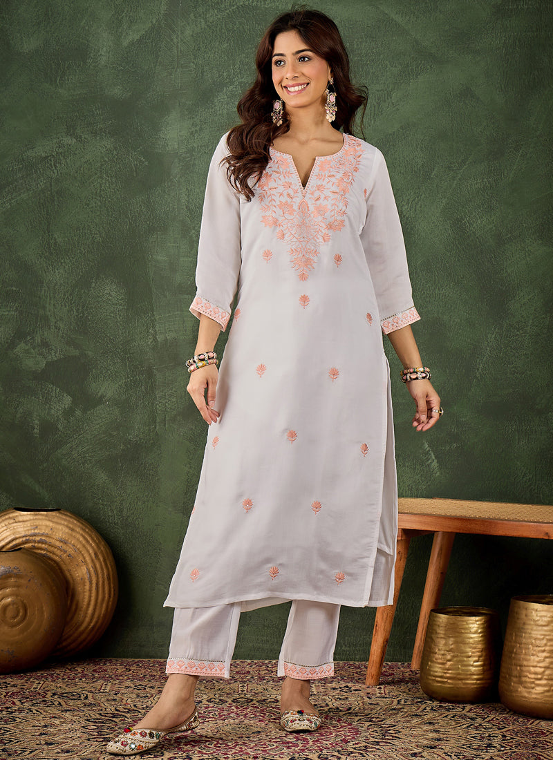 Vegaa Fashion Off-White Embroidered Roman Silk Kurti Suit | Grocsy