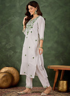 Vegaa Fashion Off-White Embroidered Roman Silk Kurti Suit | Grocsy