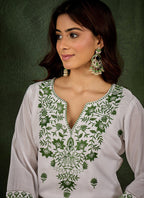 Vegaa Fashion Off-White Embroidered Roman Silk Kurti Suit | Grocsy
