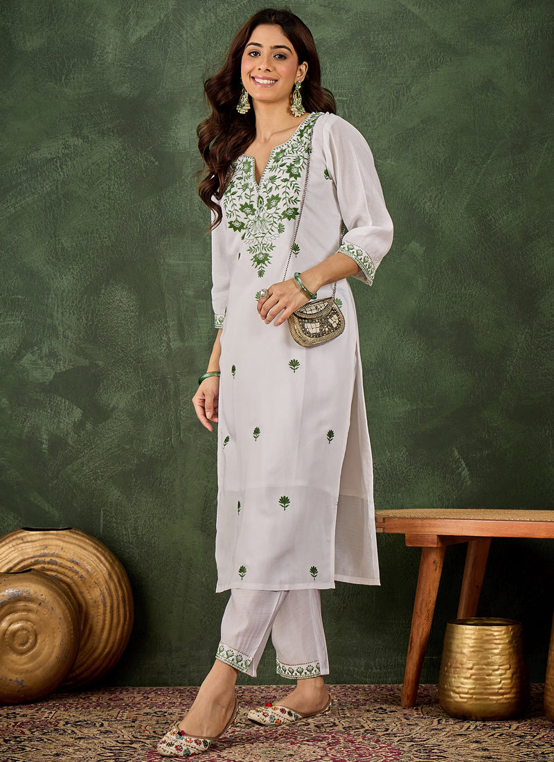 Vegaa Fashion Off-White Embroidered Roman Silk Kurti Suit | Grocsy