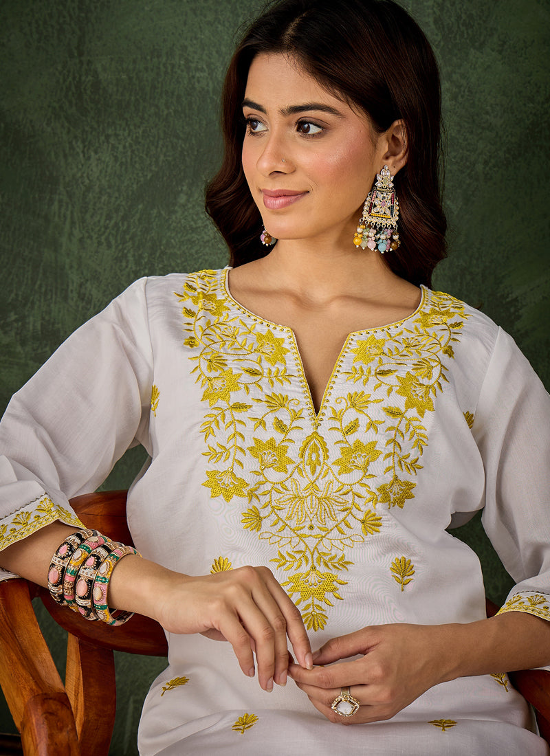 Vegaa Fashion Off-White Embroidered Roman Silk Kurti Suit | Grocsy