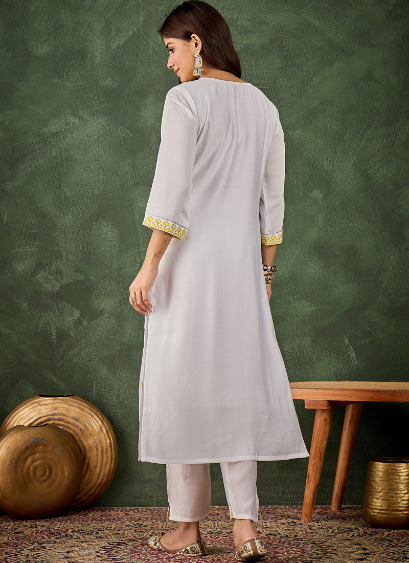 Vegaa Fashion Off-White Embroidered Roman Silk Kurti Suit | Grocsy