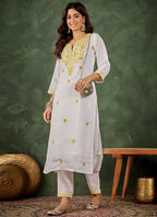 Vegaa Fashion Off-White Embroidered Roman Silk Kurti Suit | Grocsy