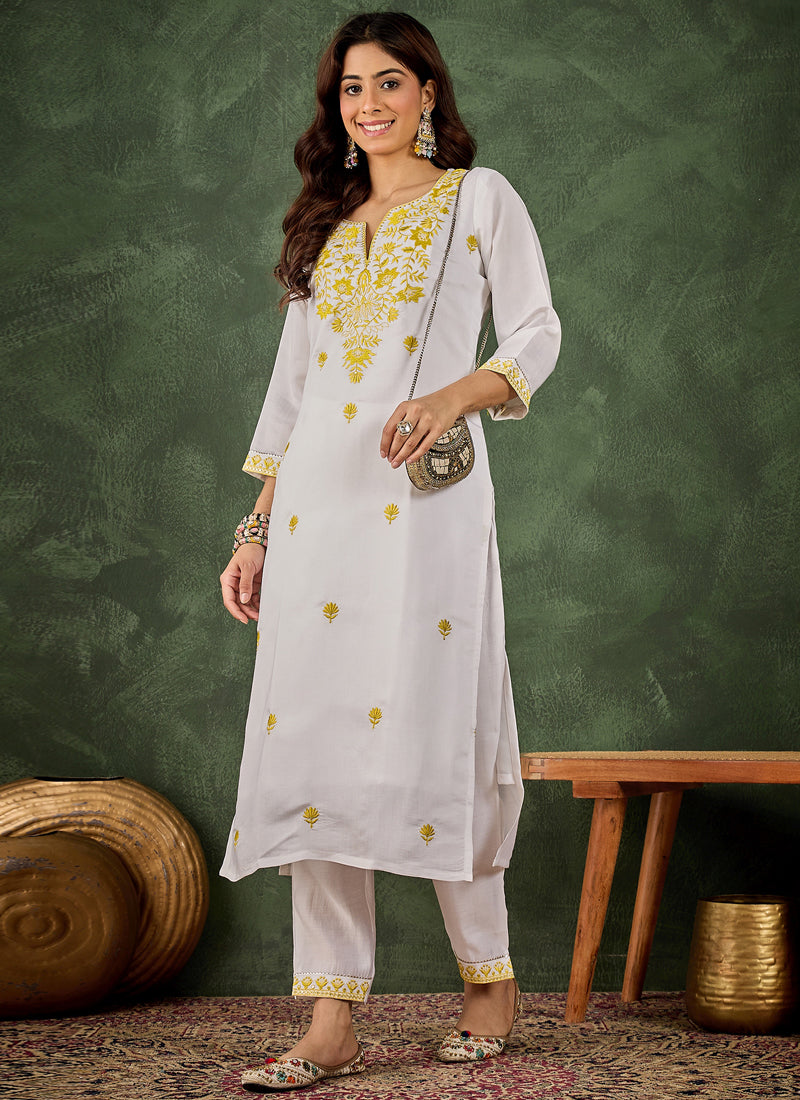 Vegaa Fashion Off-White Embroidered Roman Silk Kurti Suit | Grocsy