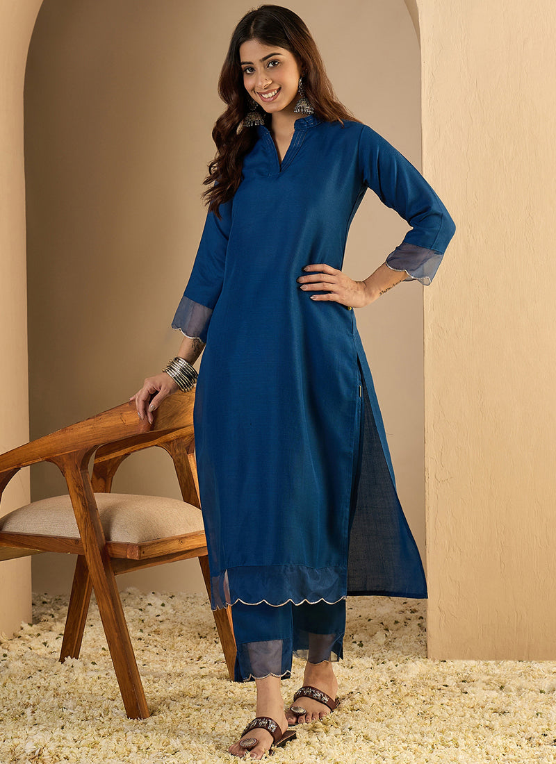 Vegaa Fashion Dark-Blue Embroidered Cotton Silk Kurti Suit | Grocsy