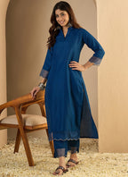 Vegaa Fashion Dark-Blue Embroidered Cotton Silk Kurti Suit | Grocsy