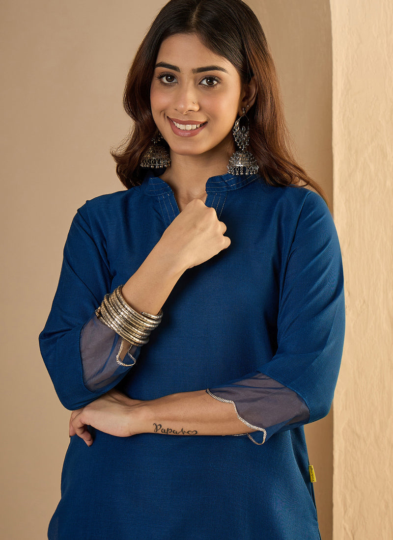 Vegaa Fashion Dark-Blue Embroidered Cotton Silk Kurti Suit | Grocsy