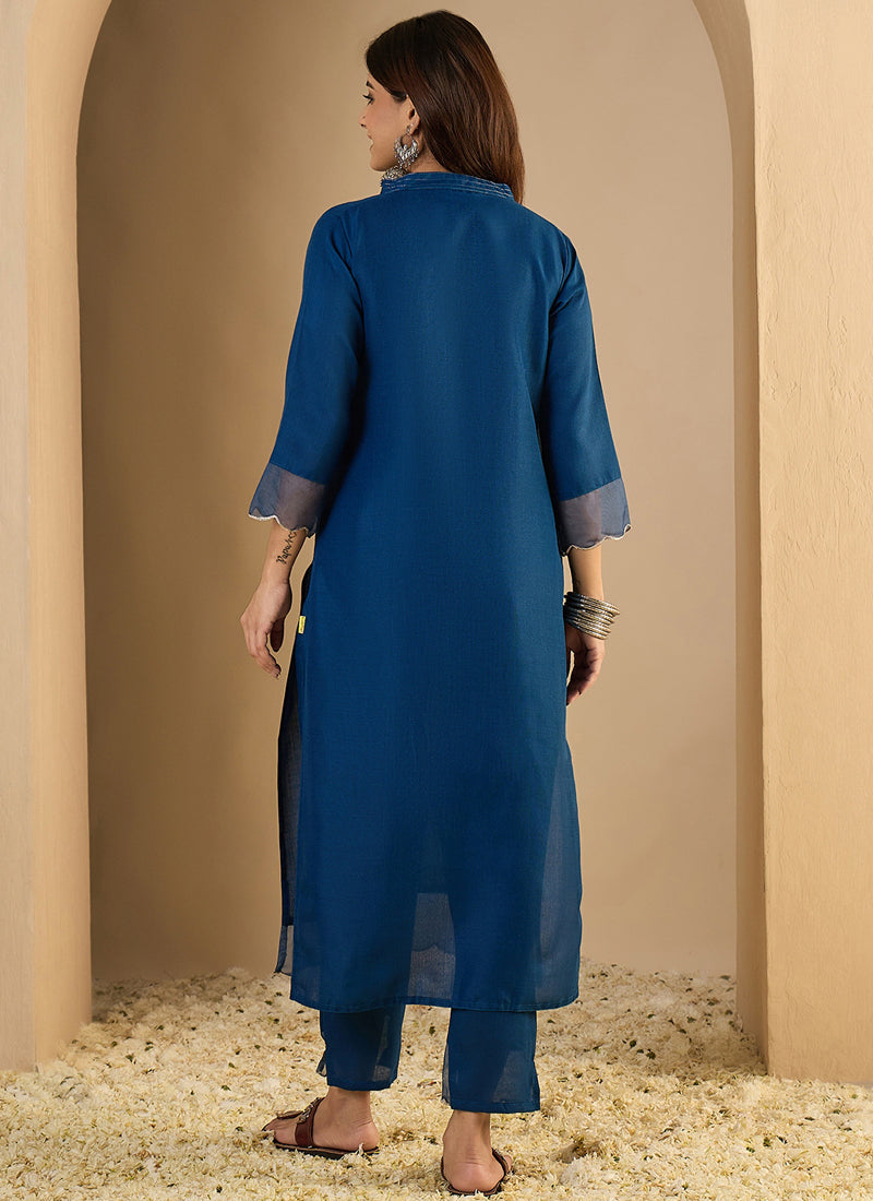 Vegaa Fashion Dark-Blue Embroidered Cotton Silk Kurti Suit | Grocsy