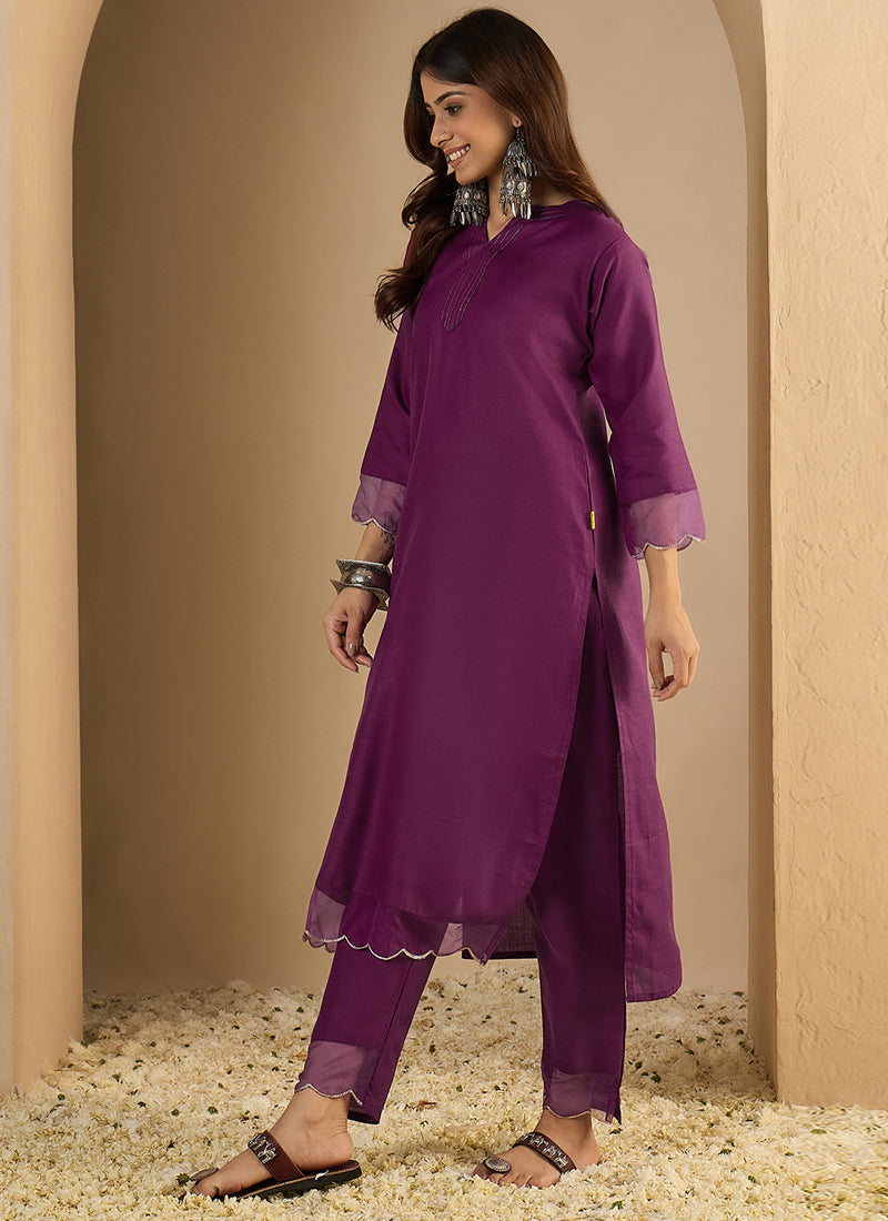 Vegaa Fashion Dark-Purple Embroidered Cotton Silk Kurti Suit | Grocsy