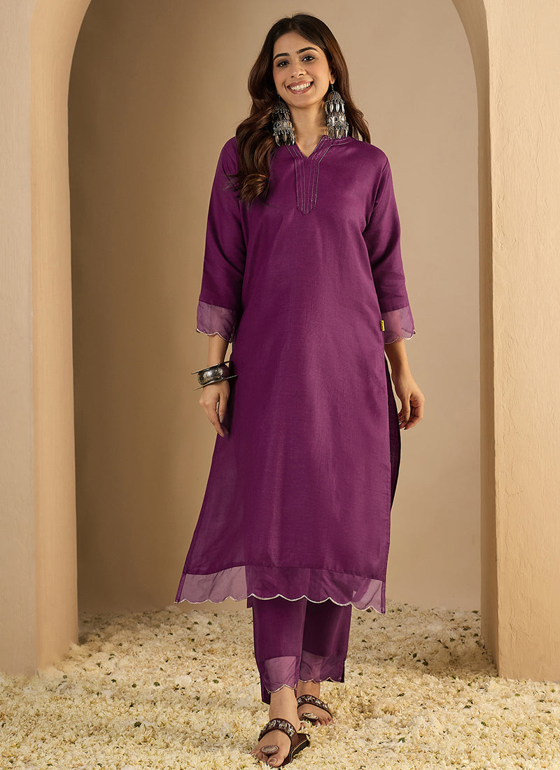 Vegaa Fashion Dark-Purple Embroidered Cotton Silk Kurti Suit | Grocsy
