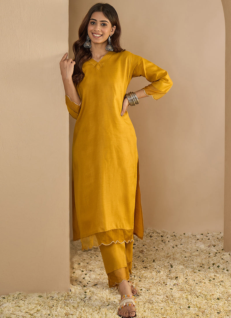 Vegaa Fashion Yellow Embroidered Cotton Silk Kurti Suit | Grocsy