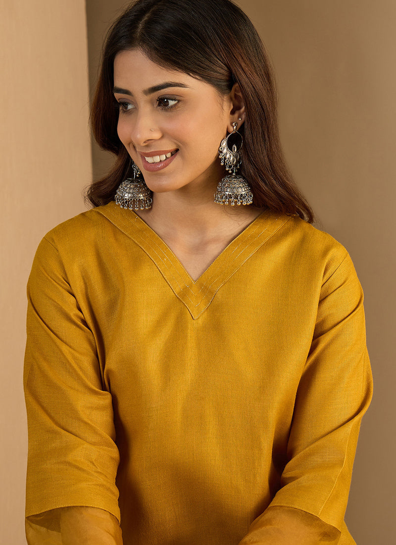 Vegaa Fashion Yellow Embroidered Cotton Silk Kurti Suit | Grocsy