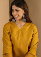 Vegaa Fashion Yellow Embroidered Cotton Silk Kurti Suit | Grocsy