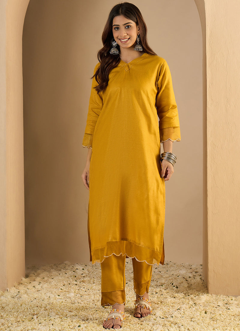 Vegaa Fashion Yellow Embroidered Cotton Silk Kurti Suit | Grocsy