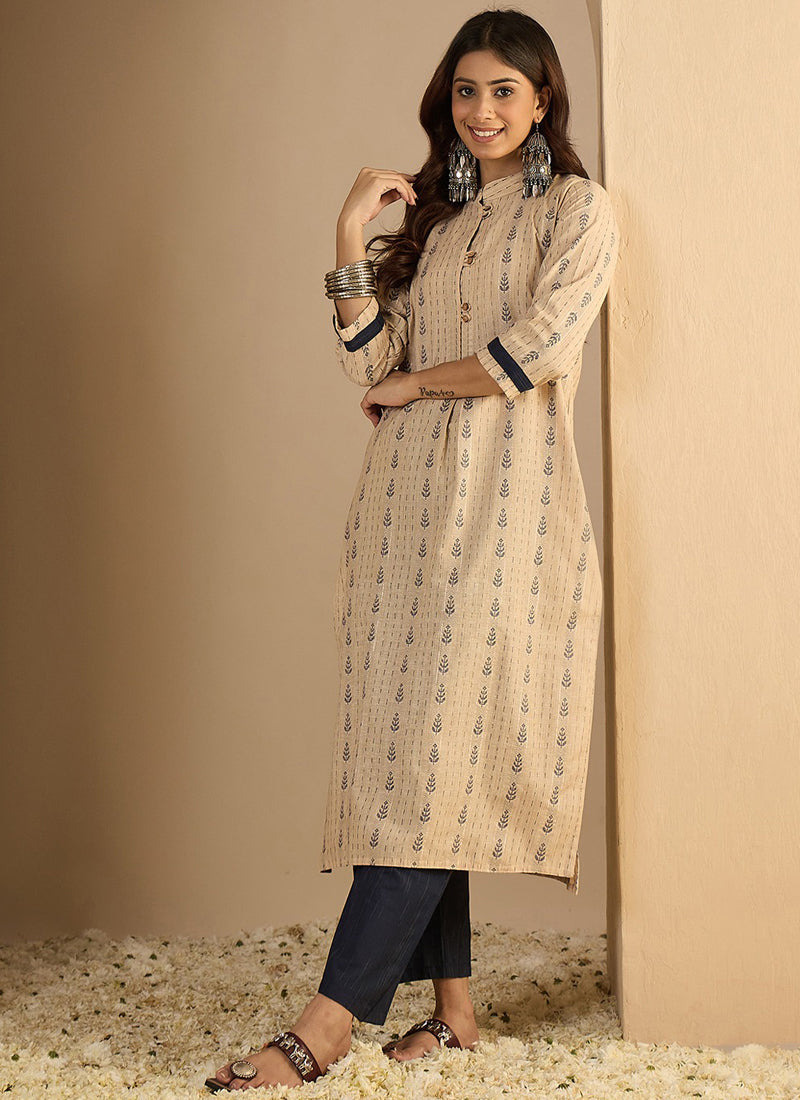 Vegaa Fashion Cream Embroidered Woven Silk Kurti Suit | Grocsy