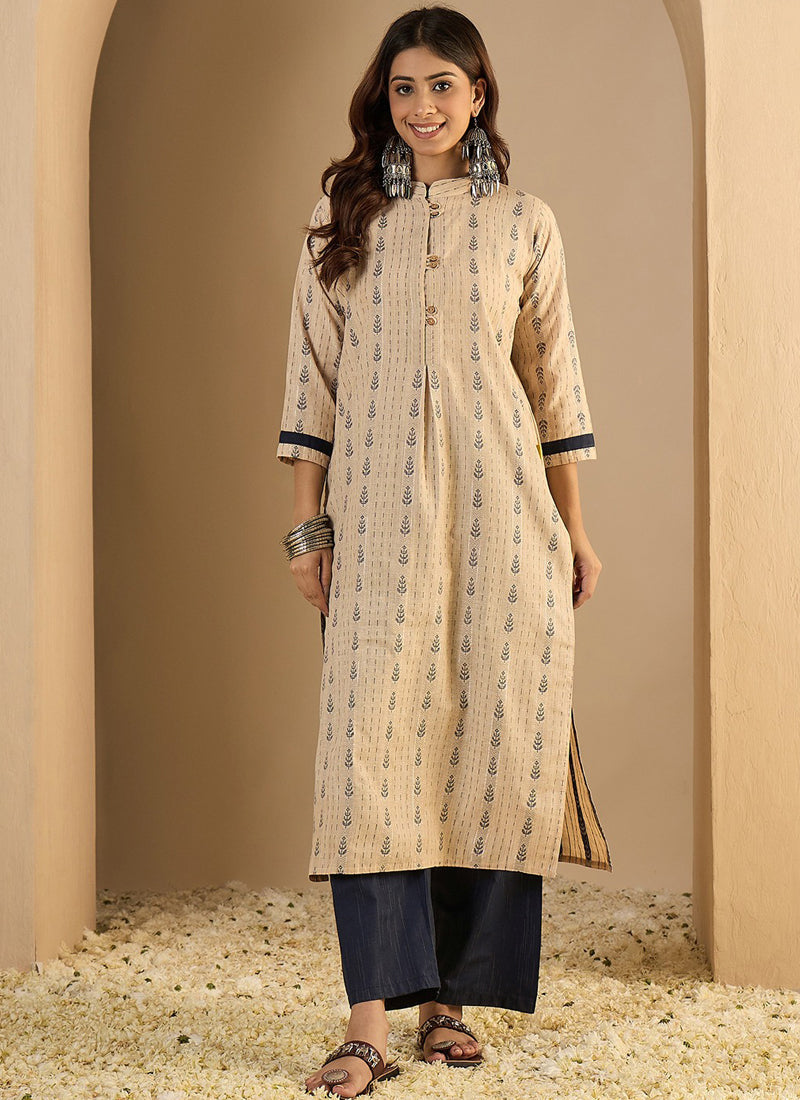 Vegaa Fashion Cream Embroidered Woven Silk Kurti Suit | Grocsy