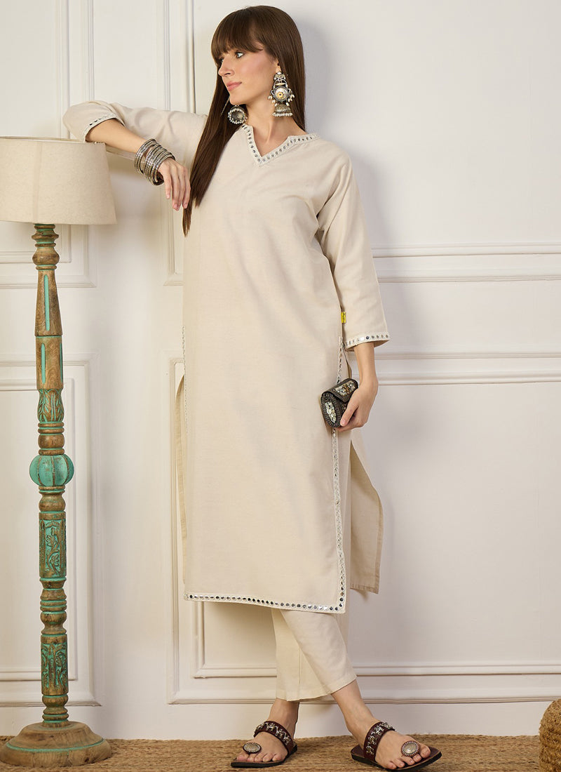 Vegaa Fashion Cream Embroidered Woven Silk Kurti Suit | Grocsy