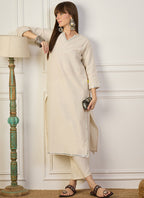 Vegaa Fashion Cream Embroidered Woven Silk Kurti Suit | Grocsy